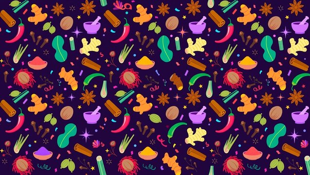 Asian spices festive seamless pattern with star anise, cinnamon, chili and turmeric on dark purple background, flat illustration