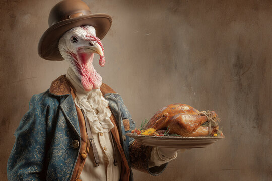 Colonist Turkey Offering Turkey for Thanksgiving in Blue Brocade Colonial Jacket with Ruffled Shirt and Formal Holiday Presentation
