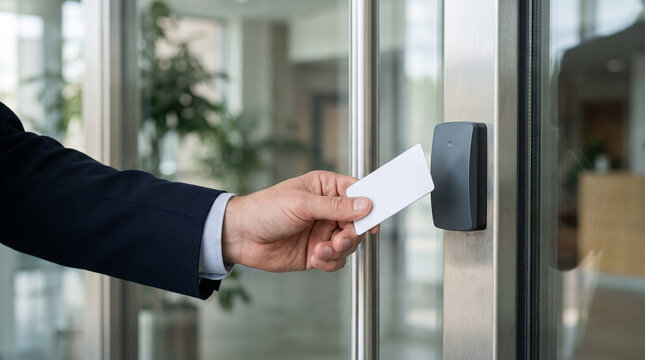 Man in suit using white blank rfid card on electronic reader at glass office door provides secure building access for corporate employees.