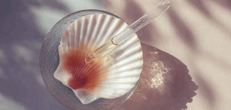 Seashell and glass pipette holding a clear serum droplet, creating a sunlit beauty still life with coastal skincare and wellness appeal