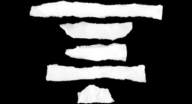 Set of white torn paper strips with rough edges arranged in a vertical stack on a dark black background