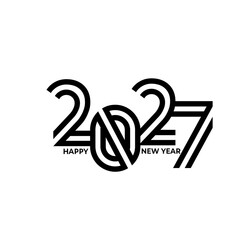 Happy new year 2027 geometric typography. Double line black outline text design isolated on white background. Minimalist flat vector illustration for modern holiday greeting cards and calendar cover. © Raj Studio 