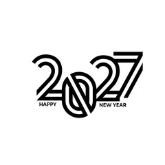 Happy new year 2027 geometric typography. Double line black outline text design isolated on white background. Minimalist flat vector illustration for modern holiday greeting cards and calendar cover. © Raj Studio 