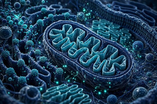 3d render of a mitochondrion organelle inside a biological cell with complex internal structures and glowing particles