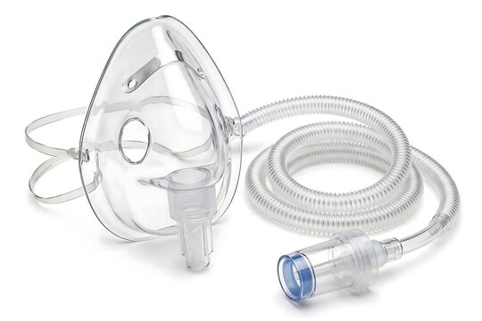 Medical oxygen mask with tubing and nebulizer chamber isolated on white background