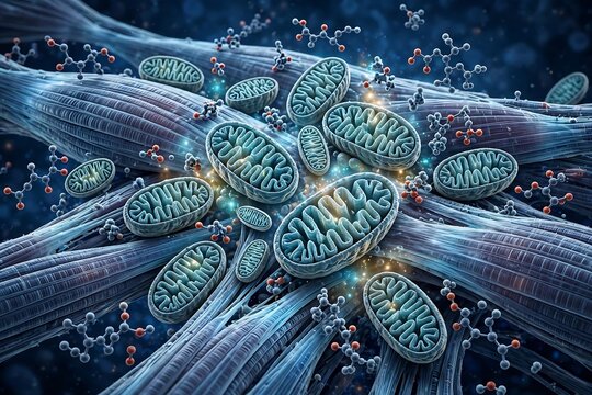 3d illustration of mitochondria organelles within muscle tissue fibers with molecular structures