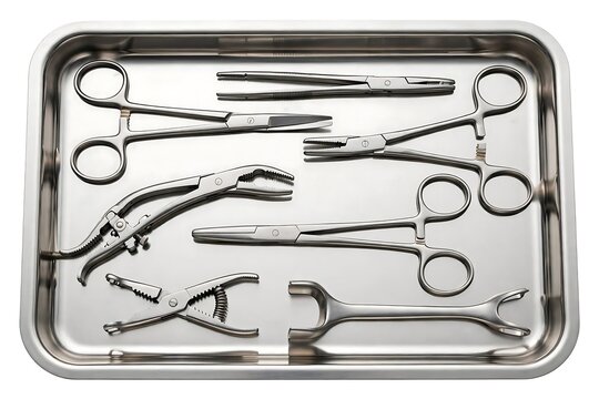 Surgical instruments on a metal tray isolated on white background