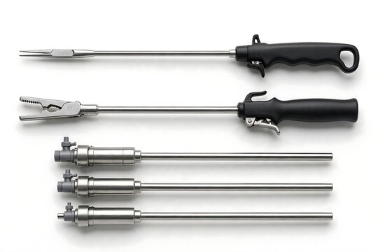 Set of laparoscopic surgical instruments including graspers and trocars isolated on white background