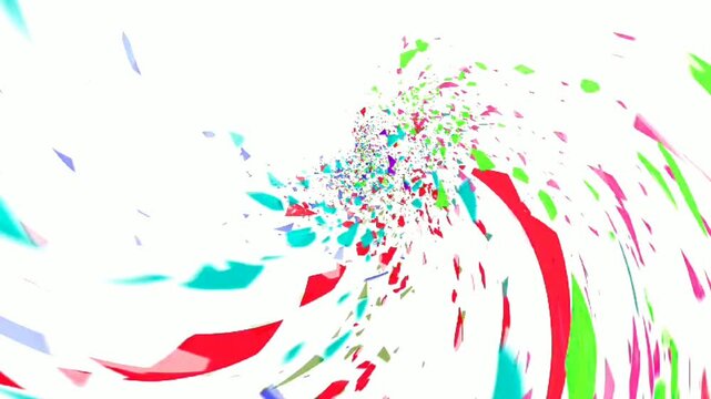 白い背景にカラフルな幾何学模様の断片が放射状に飛び散る抽象アニメーション