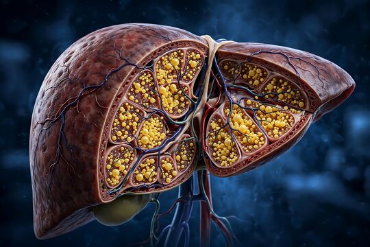 3d medical illustration of a human liver showing fatty liver disease with lipid accumulation in hepatic tissue