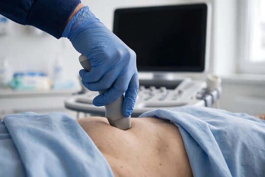 Medical professional performing an abdominal ultrasound examination on a patient in a clinic setting