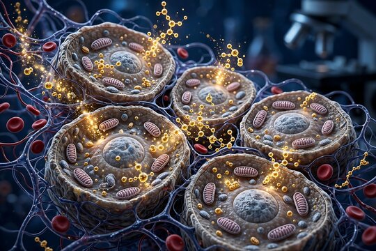 3d illustration of cellular biology with mitochondria, nucleus, and blood cells in microscopic tissue