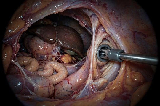Laparoscopic view of abdominal surgery showing internal organs and surgical instruments during a medical procedure