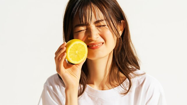 Young Japanese woman making a sour face (silly face/wink) while holding a lemon (white background)  
