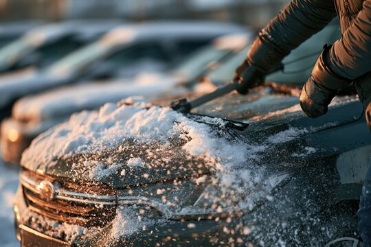 Person cleaning snow from car windshield with brush in winter morning