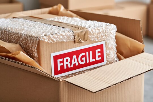 Fragile cardboard box packed with bubble wrap for secure shipping