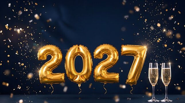 Gold balloons spelling 2027 with two champagne flutes and falling glitter confetti on dark blue background for new year celebration greeting card or festive banner with copy space area