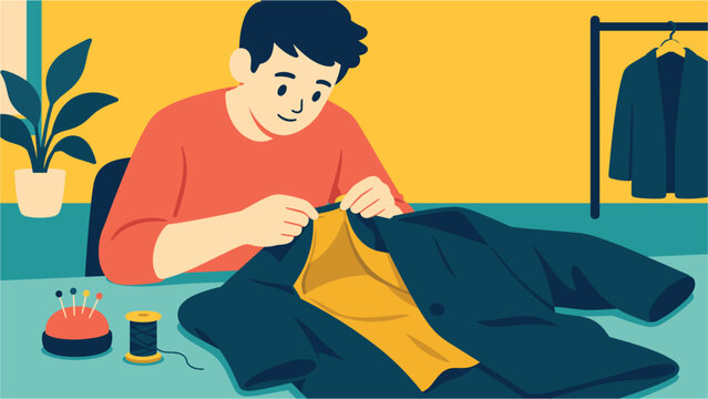 Repairer aligning the edges of a coat lining opening before closing its seam, flat vector illustration