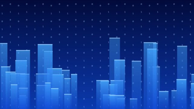 Glowing blue digital financial bar charts moving across abstract cyberspace background with binary code patterns