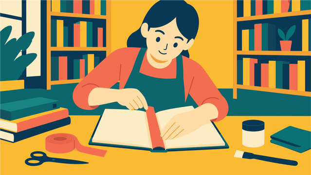 Librarian aligning a cloth repair strip across the hinge of a blank board book, flat vector book repair scene