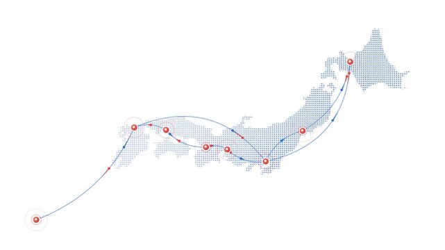 日本地図の拠点ネットワーク 中央に大きく配置 白背景 青と朱
