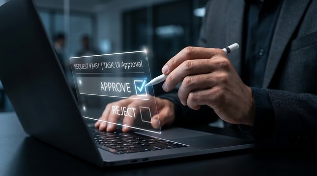 Businessman using stylus to approve digital request on laptop