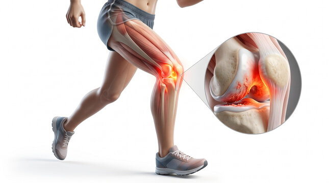 Runner knee pain during jogging. 3D medical illustration of patellofemoral pain syndrome with glowing red kneecap and magnified knee joint cartilage inset, white background