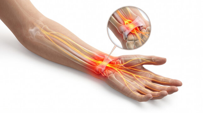 Hand and wrist tendon pain. 3D anatomy illustration of palm and finger flexor tendons with glowing red inflammation and magnified tendon inset, trigger finger concept, white background
