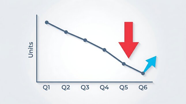 Line graph showing declining units and recovery arrow