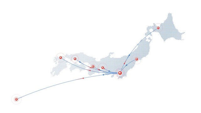 日本地図 東京本社から全国の拠点へ 白背景 青と朱