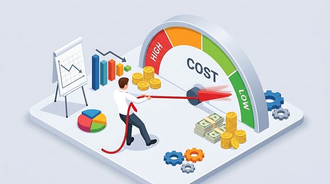Man pulling rope to lower business cost gauge
