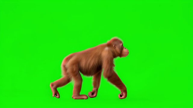 Cute Orangutan Walking on Bright Green Screen Background, Realistic Orange Brown Primate with Long Arms in Side View, Tropical Wildlife Animal Isolated on Chroma Key