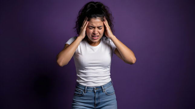 Young Woman Experiencing Severe Headache Pain Holding Her Temples.