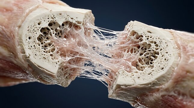 Fractured bone showing internal structure and connecting tissue