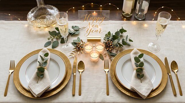 New Year table setting with gold cutlery and champagne