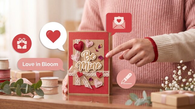 Valentine's Day Woman pointing at a handmade greeting card with heart decorations on a wooden table with points decorated handmade