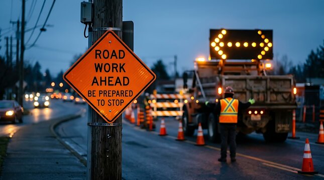 Orange road work ahead sign at construction site