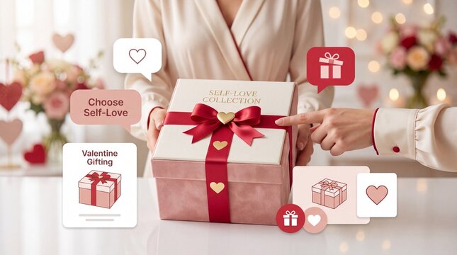 Valentine's Day Woman pointing at a gift box with a red ribbon and bow on a white table with decorations surrounded digital
