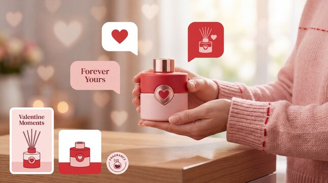 Valentine's Day Person holding a pink and red heart design fragrance diffuser bottle with decorative icons with holds cylindrical fragrance