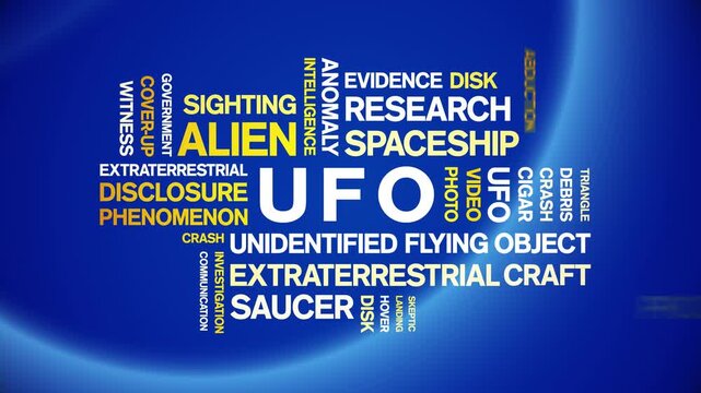 UFO animated word cloud-Unidentified Flying Object animation tag kinetic typography seamless loop.