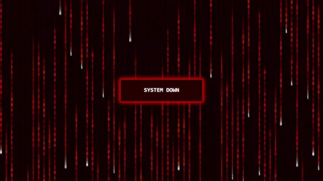 System down alert sign displayed with glowing binary code rain falling on dark digital background.