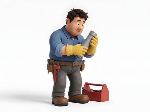 3d cartoon plumber character wearing yellow gloves holding a pipe with tool belt and red toolbox set
