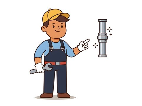 Cartoon plumber character pointing at a clean metal pipe with a wrench in hand for repair services