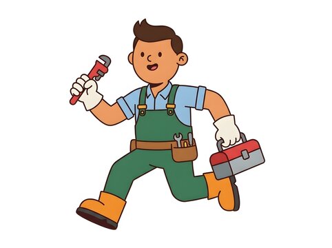 Cartoon plumber running with wrench and toolbox for home repair service and maintenance concept design