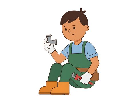Sad plumber holding a pipe fitting and wrench sitting on floor for home repair maintenance concept