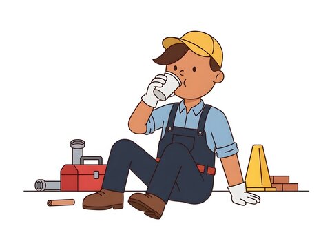 Construction worker sitting on floor drinking coffee during a break with tools and safety cone nearby