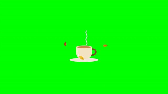 A repeating pattern of minimalist steaming coffee cups and swirling autumn leaves in warm tones against a solid chroma key green background. Perfect for autumn season social media overlays.