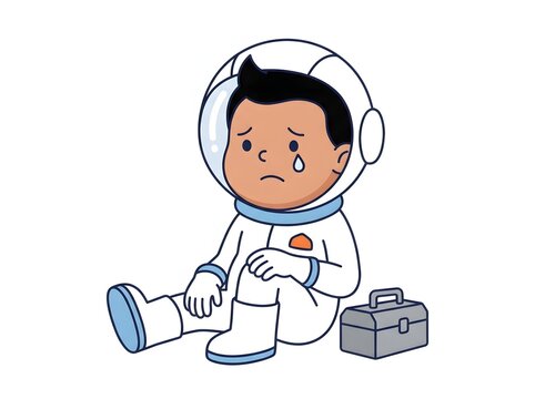 Sad little boy wearing astronaut suit sitting on floor with metal toolbox in cartoon illustration