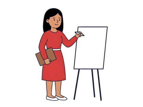 Woman in red dress presenting on whiteboard with marker for business meeting or educational seminar
