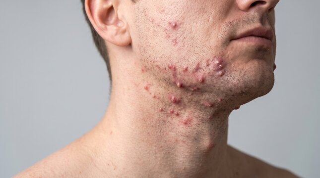 Side profile of male jawline and neck affected by severe cystic acne and infected pimples